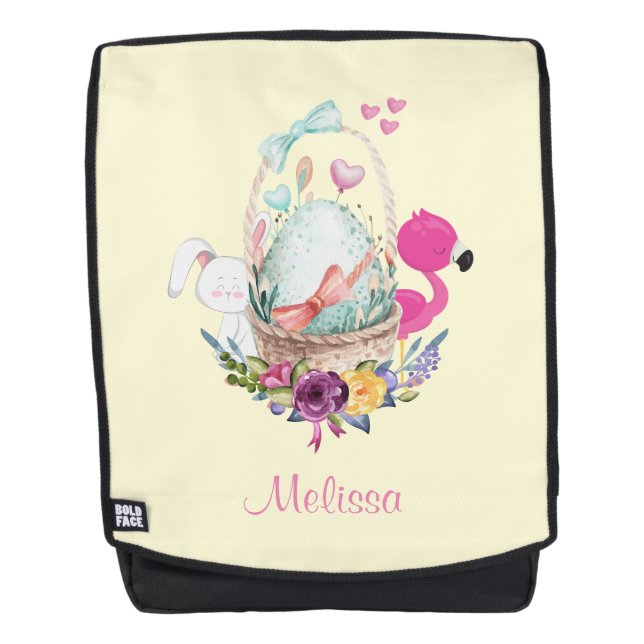 Cute Egg, Pink Flamingo & Bunny, Watercolor Backpack (Front)