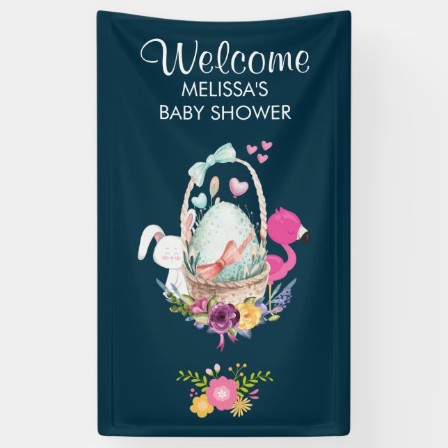 Cute Egg, Pink Flamingo & Bunny, Watercolor Banner (Vertical)