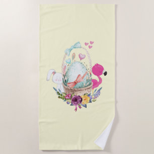 Cute Egg, Pink Flamingo & Bunny, Watercolor Beach Towel