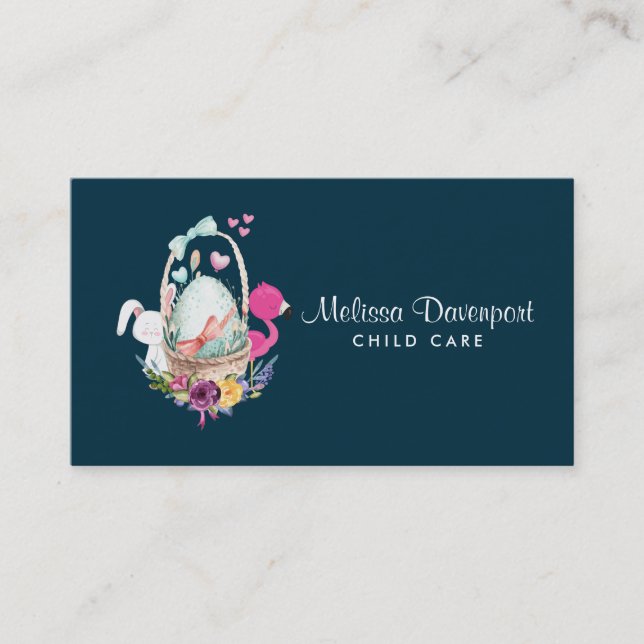 Cute Egg, Pink Flamingo & Bunny Watercolor Business Card (Front)