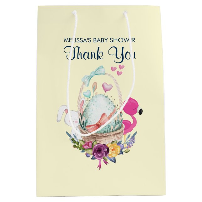 Cute Egg, Pink Flamingo & Bunny, Watercolor Medium Gift Bag (Front)
