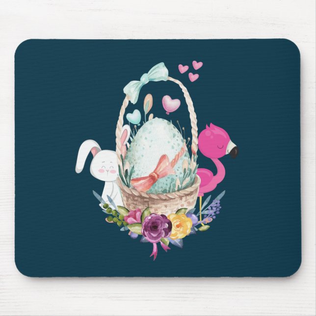Cute Egg, Pink Flamingo & Bunny Watercolor Mouse Mat (Front)