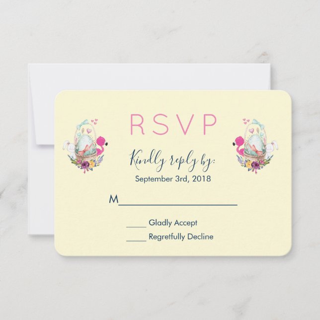 Cute Egg, Pink Flamingo & Bunny Watercolor RSVP (Front)