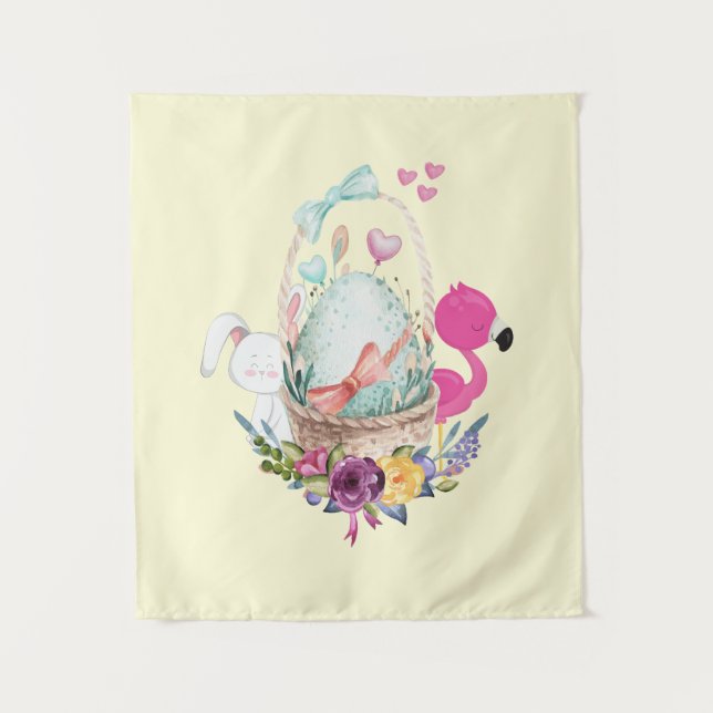 Cute Egg, Pink Flamingo & Bunny, Watercolor Tapestry (Front)