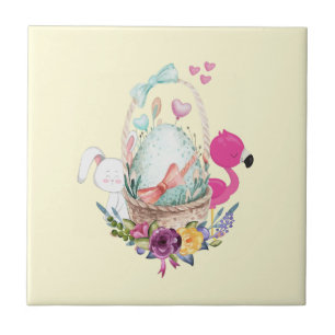 Cute Egg, Pink Flamingo & Bunny, Watercolor Tile