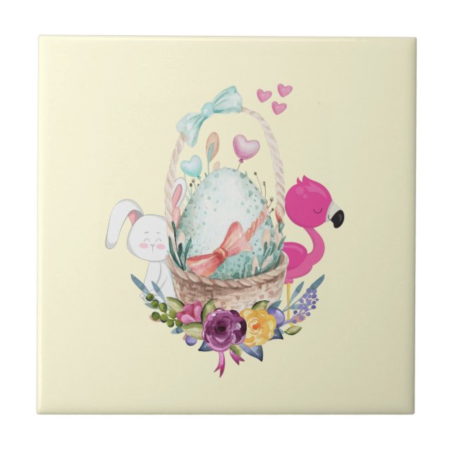 Cute Egg, Pink Flamingo & Bunny, Watercolor Tile (Front)