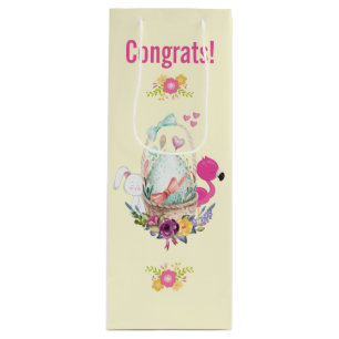 Cute Egg, Pink Flamingo & Bunny, Watercolor Wine Gift Bag