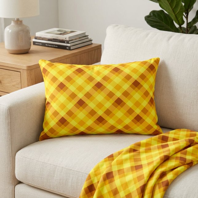 Cute Egg Yolk Yellow Plaid Accent Pillow (Cute Egg Yolk Yellow Plaid Accent Pillow on a sofa in a living room.)