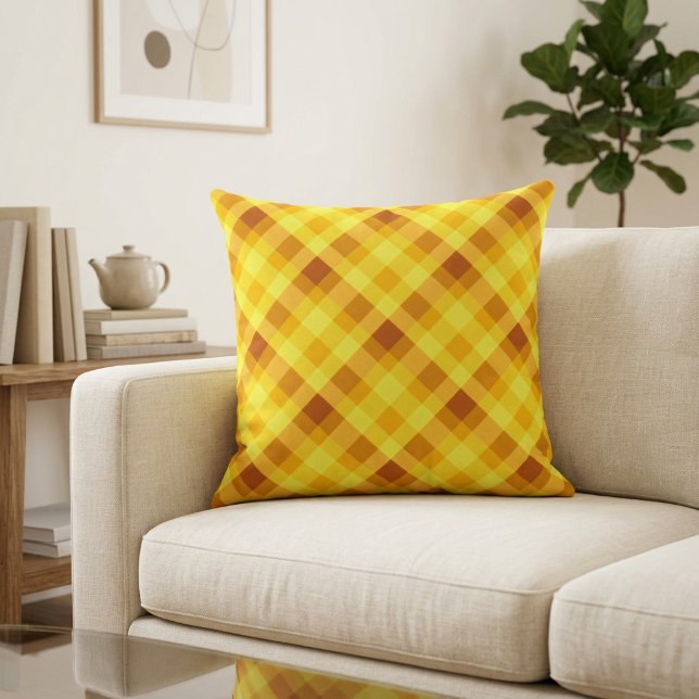 Cute Egg Yolk Yellow Plaid Big Throw Pillow (Cute Egg Yolk Yellow Plaid Big Throw Pillow on a sofa in a living room.)