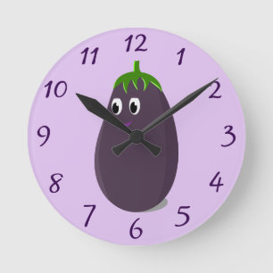 Cute Eggplant Print Round Clock