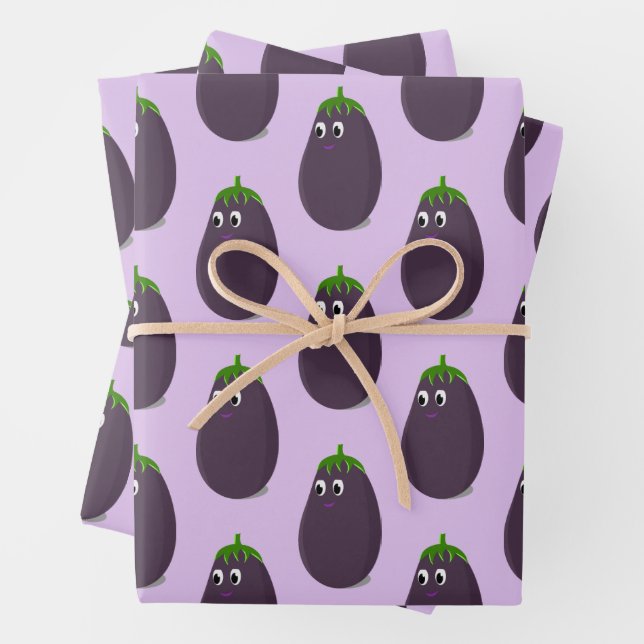 Cute Eggplant Print Wrapping Paper Sheet (In situ)