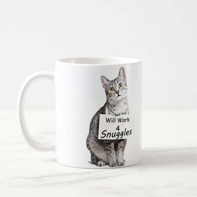 Cute Egyptian Mau Cat Advertising for Snuggles Coffee Mug (Left)