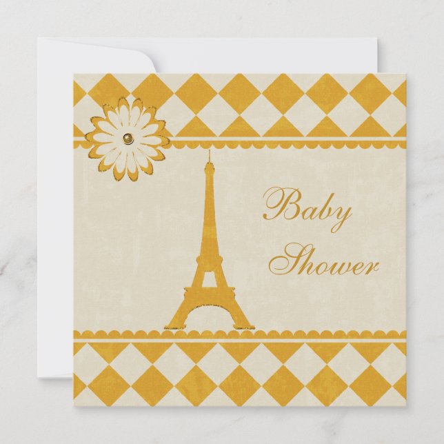Cute Eiffel Tower Argyle Yellow Baby Shower Invitation (Front)