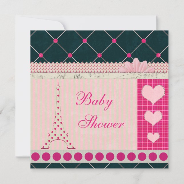 Cute Eiffel Tower Pink Polka Dots Baby Shower Invitation (Front)