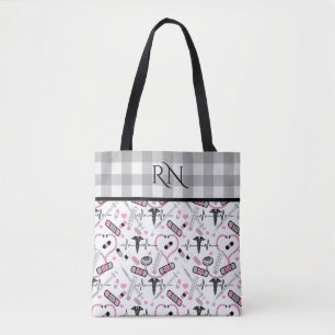 Cute EKG Nurse Doctor Med Pattern Monogram Tote Bag