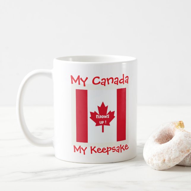 Cute ''Elbows Up, RED AND WHITE Coffee Mug (With Donut)
