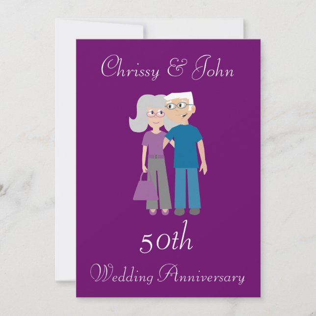 Cute Elderly Couple Purple Wedding Anniversary Invitation (Front)