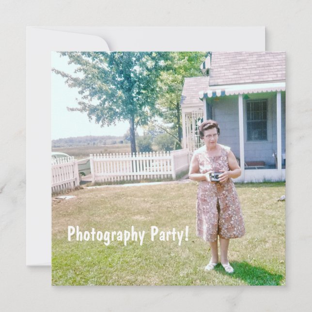 Cute Elderly Lady Holding an Old Film Camera Invitation (Front)