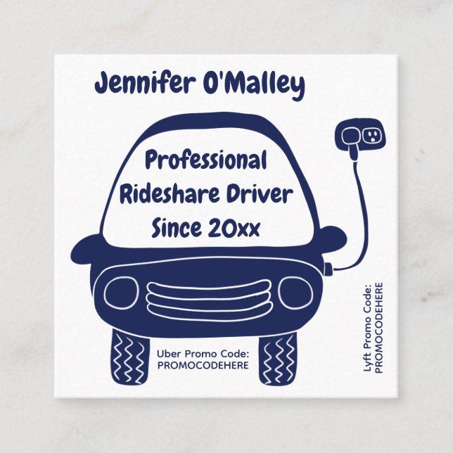 Cute Electric Car Rideshare Driver Promo Code Square Business Card (Front)