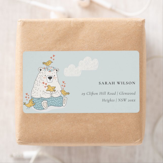 Cute Elegant Aqua Blue Bear Heart Birds Address (Insitu)