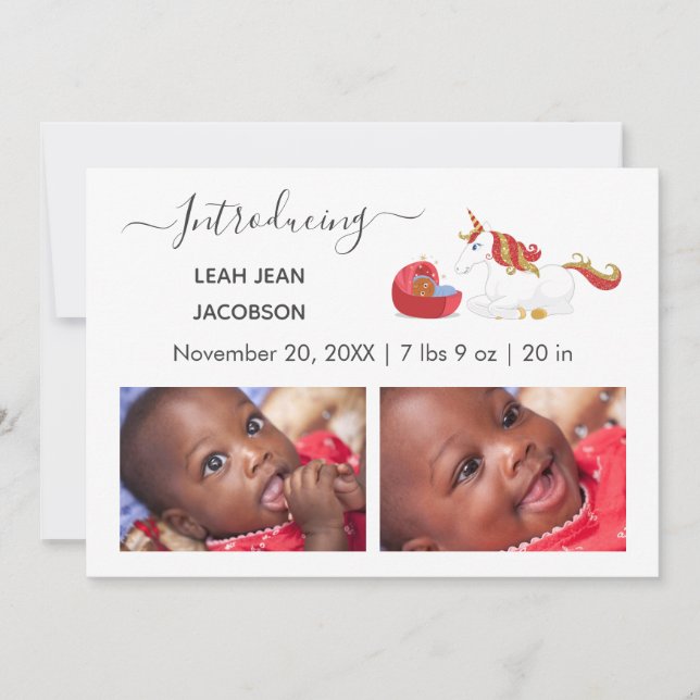 Cute Elegant Baby Photo Birth Announcement Unicorn (Front)