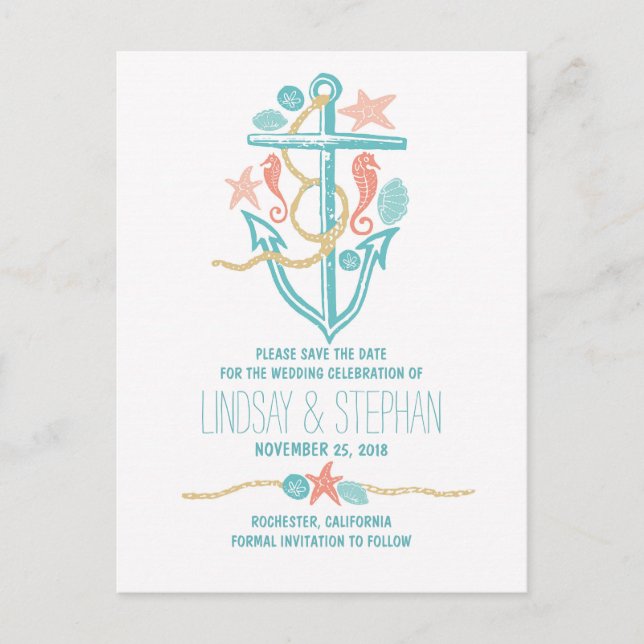 Cute elegant beach wedding save the date postcards (Front)