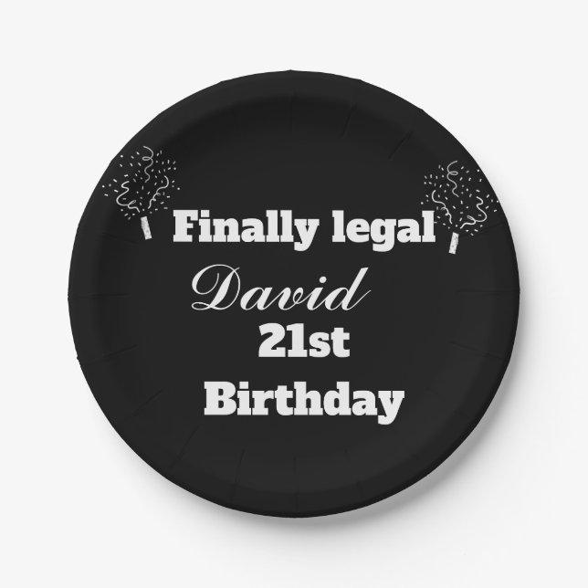 Cute Elegant Black Finally Legal 21st Birthday  Paper Plate (Front)