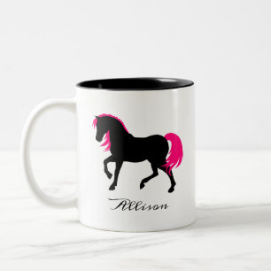 Cute Elegant Black White & Hot Pink Horse Add Name Two-Tone Coffee Mug