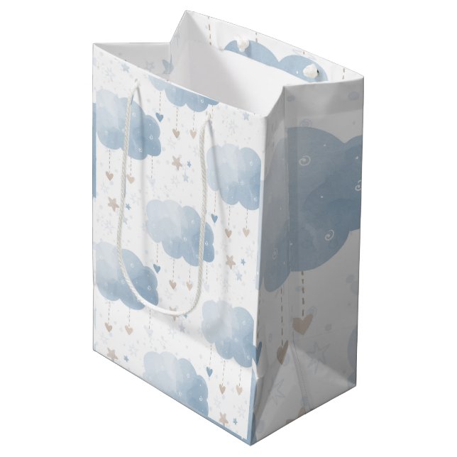 Cute Elegant Blue Ivory Clouds Stars Boy Shower Medium Gift Bag (Front Angled)