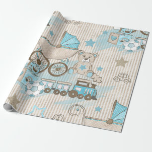 Cute Elegant Blue Ivory Stripes Toys Boy Shower Wrapping Paper