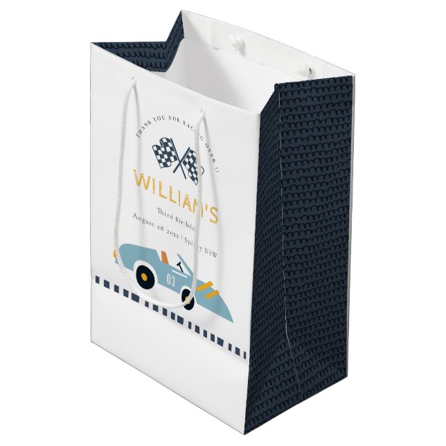 Cute Elegant Blue Race Car Kids Any Age Birthday Medium Gift Bag (Front Angled)
