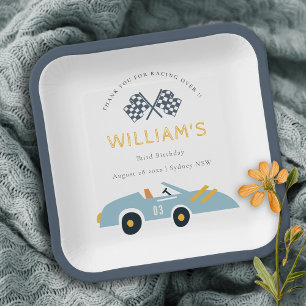 Cute Elegant Blue Race Car Kids Any Age Birthday Paper Plate