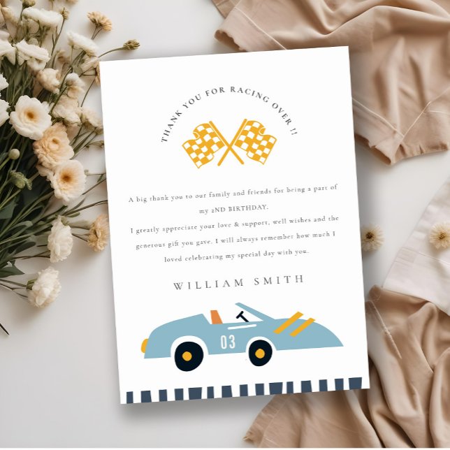 Cute Elegant Blue Race Car Kids Any Age Birthday Thank You Card (Creator Uploaded)