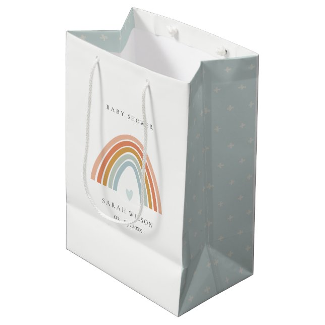 Cute Elegant Blush Blue Heart Rainbow Baby Shower Medium Gift Bag (Front Angled)