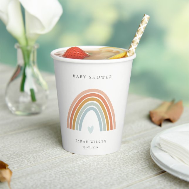 Cute Elegant Blush Blue Heart Rainbow Baby Shower Paper Cups (Insitu)