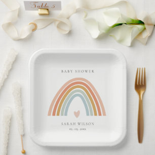 Cute Elegant Blush Blue Heart Rainbow Baby Shower Paper Plate