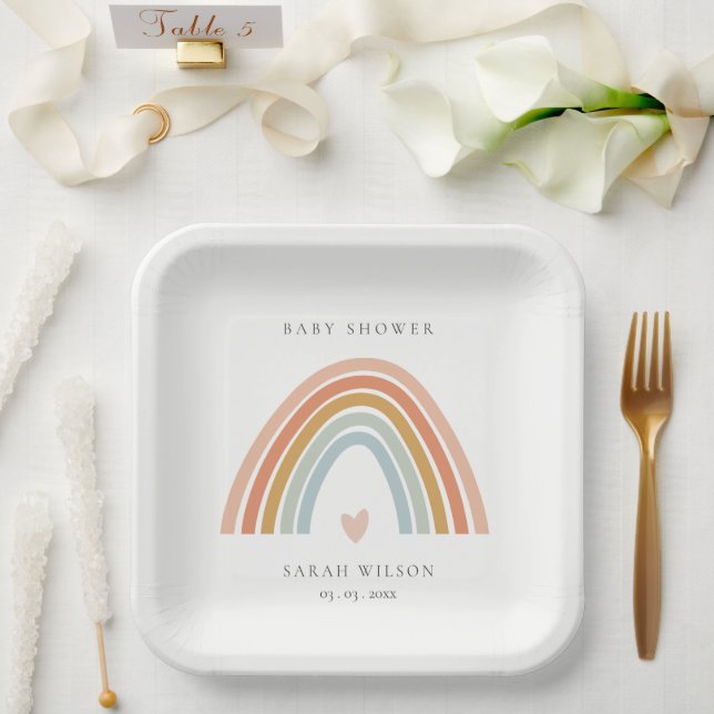 Cute Elegant Blush Blue Heart Rainbow Baby Shower Paper Plate (Wedding)