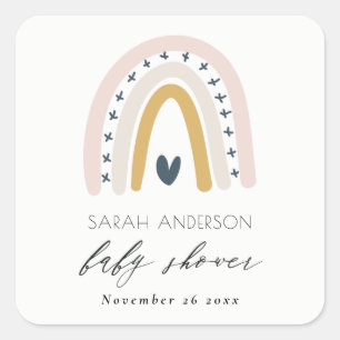 CUTE ELEGANT BLUSH BLUE HEART RAINBOW BABY SHOWER SQUARE STICKER