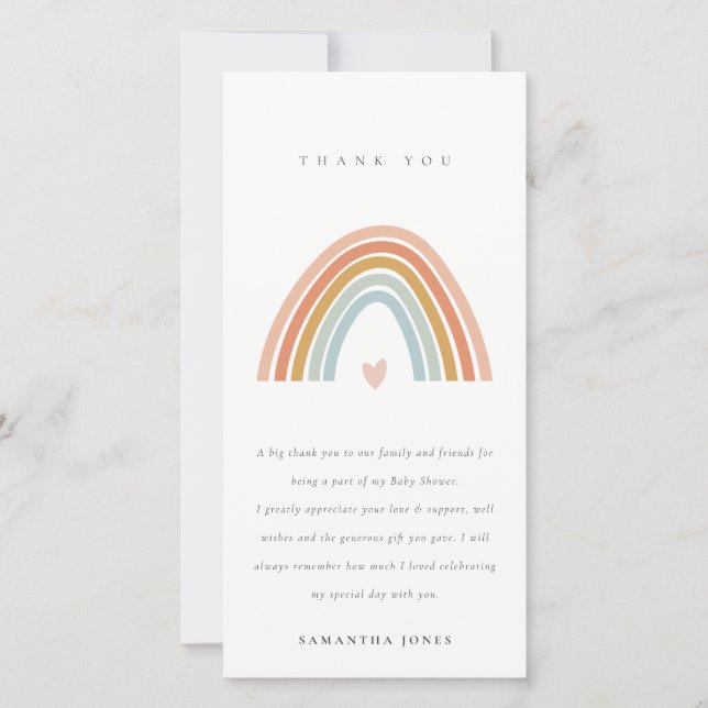 Cute Elegant Blush Blue Heart Rainbow Baby Shower Thank You Card (Front)