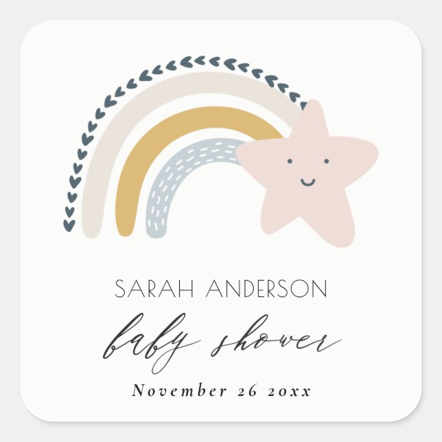 CUTE ELEGANT BLUSH BLUE STAR RAINBOW BABY SHOWER SQUARE STICKER (Front)