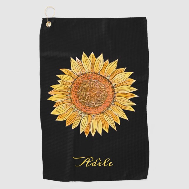  Cute Elegant Boho Art Yellow Watercolor Sunflower Golf Towel (Front)