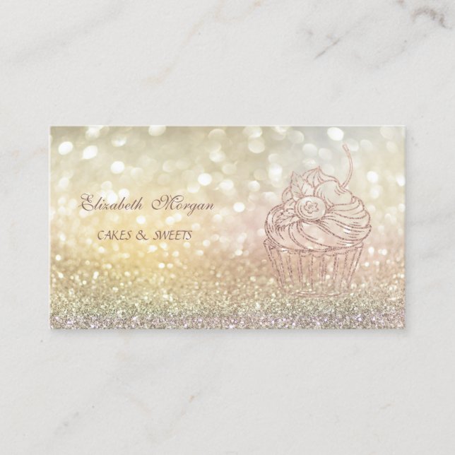 Cute Elegant Bokeh Glitter Cupcake Bakery Business Card (Front)