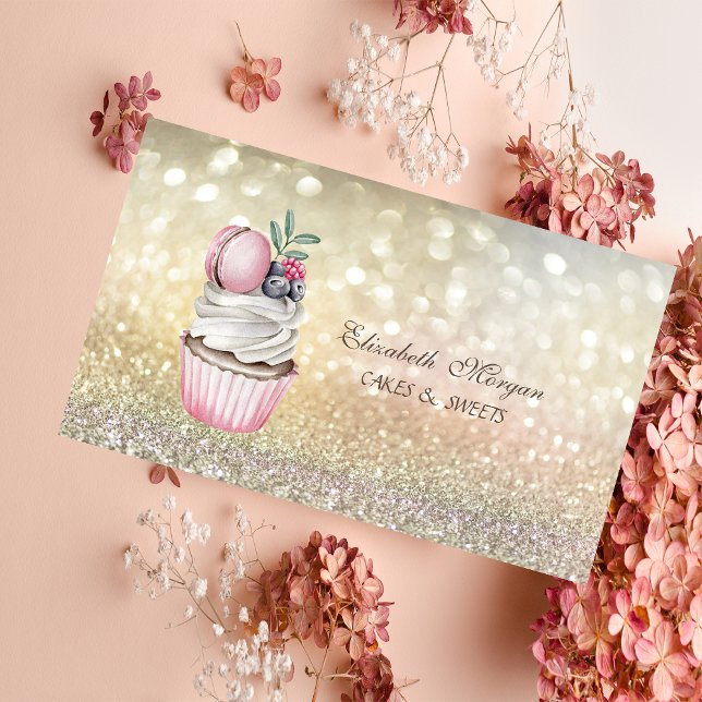 Cute Elegant Bokeh Macaron Cupcake Bakery  Business Card (Creator Uploaded)