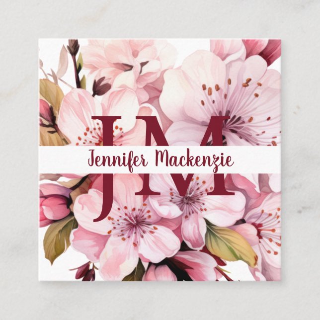 Cute Elegant Cherry Blossoms Floral Square Business Card (Front)