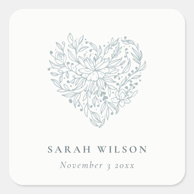 Cute Elegant Chic Minimal Dusky Blue Floral Heart Square Sticker (Front)
