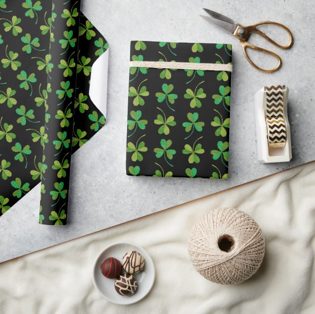 Cute & Elegant Dark Shamrock Pattern Green & Black Wrapping Paper (Crafts)