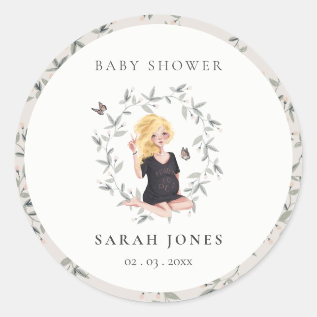 Cute Elegant Expectant Women Foliage Baby Shower Classic Round Sticker (Front)