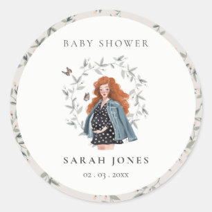 Cute Elegant Expectant Women Foliage Baby Shower Classic Round Sticker