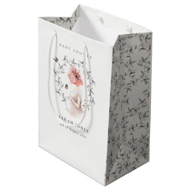 Cute Elegant Expectant Women Foliage Baby Shower Medium Gift Bag (Back Angled)