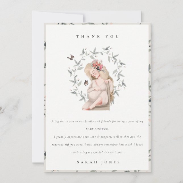 Cute Elegant Expectant Women Foliage Baby Shower Thank You Card (Front)